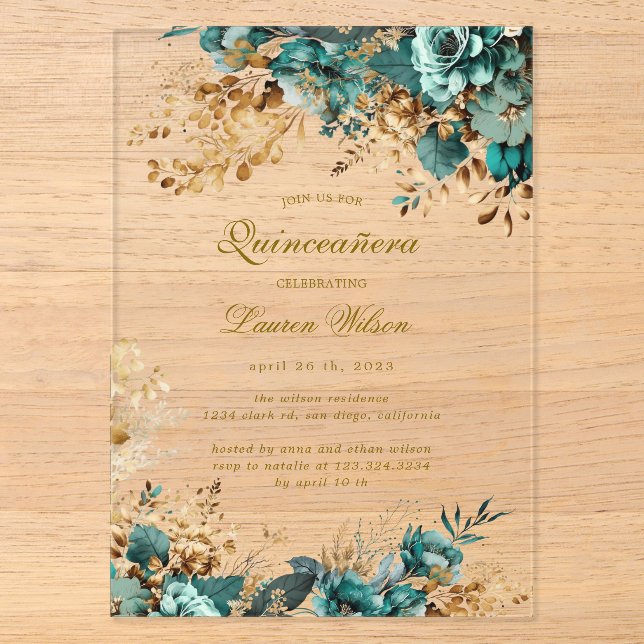 Invitations En Acrylique Moody Floral Turquoise Quinceañera (Recto)