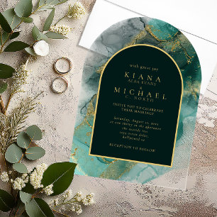 Invitations En Acrylique Moody Ink Emerald Gold Arch Abstrait ID988