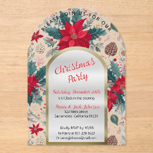 Invitations En Acrylique Motif de poinsettias de Noël luxueux givré