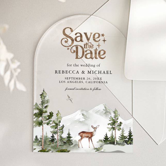 Invitations En Acrylique Mountain Forest Deer Wedding Save the Date (Créateur téléchargé)