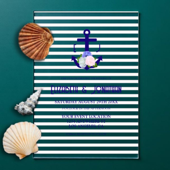 Invitations En Acrylique Nautical Floral Stripes Wedding (Créateur téléchargé)