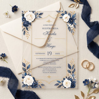 Invitations En Acrylique Navy Blue&God Floral Mariage Espagnol