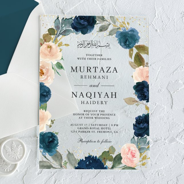 Invitations En Acrylique Navy Blue Peach Floral Muslim Wedding (Créateur téléchargé)