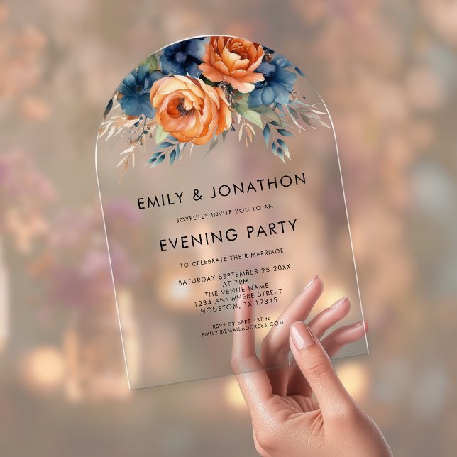 Invitations En Acrylique Navy Burnt Orange Florals Wedding Evening Party  (Créateur téléchargé)