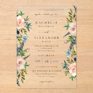 Invitations En Acrylique Navy, Dusty Blue & Pink Floral Mariage V2