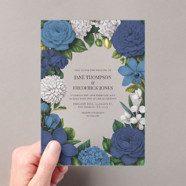 Invitations En Acrylique Navy, Dusty Blue & Silver Floral Wedding (In situ (ordinateur de poche))