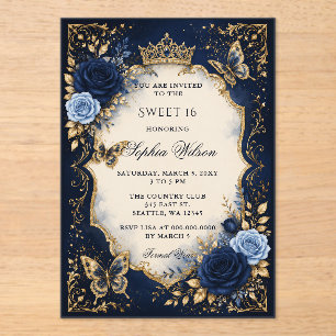 Invitations En Acrylique Navy Or Floral Papillon Douce 16