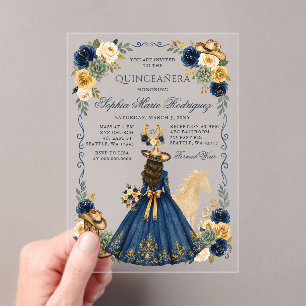 Invitations En Acrylique Navy Or Western Horse Floral Charra Quinceañera