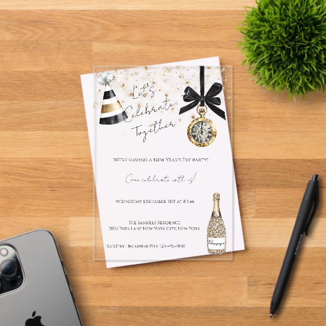 Invitations En Acrylique New Year's Eve Party Gold Glitzy Sparkle  (Insitu (Carte d'invitation))