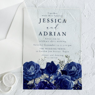 Invitations En Acrylique Noces élégantes roses et argent marine
