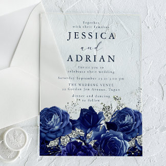 Invitations En Acrylique Noces élégantes roses et argent marine