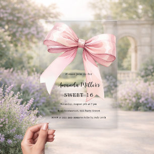 Invitations En Acrylique Nœud rose crème élégant SWEET 16 clair