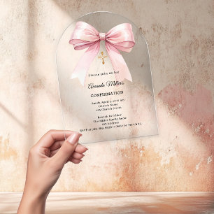 Invitations En Acrylique Nœud rose crème fille Confirmation arche