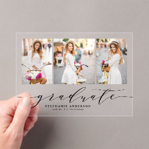 Invitations En Acrylique Noir Dainty Script Trois Photo Remise des diplômes