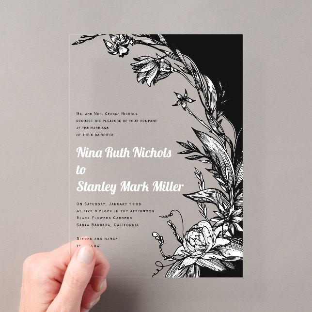Invitations En Acrylique Noir et fleurs, typographie mariage floral (In situ (ordinateur de poche))