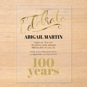 Invitations En Acrylique Noir Or 100e Anniversaire Acrylique clair