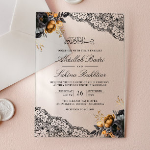 Invitations En Acrylique Noir Or Floral Dentelle Mariage Musulman