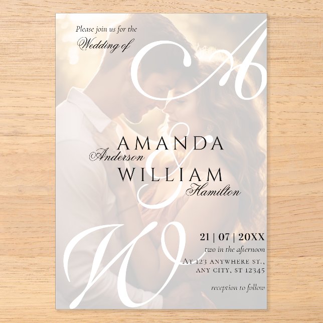 Invitations En Acrylique Noms de Script Élégants Modernes Photo Mariage (Recto)