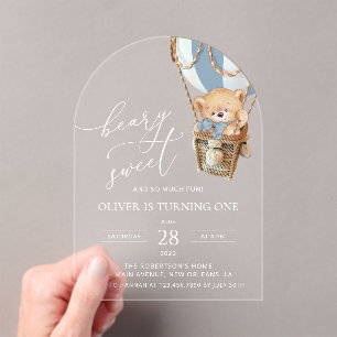 Invitations En Acrylique Nounours, ballon à air chaud bleu, Premier Anniver