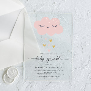 Invitations En Acrylique Nuage mignon et Coeurs rose et or Bébé saupoudrer