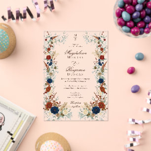 Invitations En Acrylique Nuit Bleue & Florales Orange Brûlée Mariage d'Auto