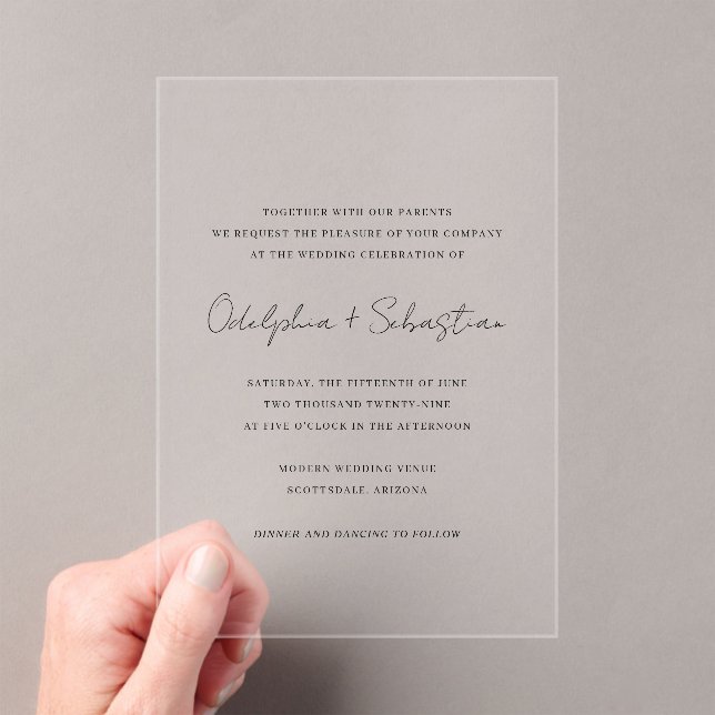 Invitations En Acrylique Odelphie Script moderne minimal mariage élégant (In situ (ordinateur de poche))