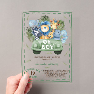 Invitations En Acrylique Oh baby shower Safari Animaux Garçon