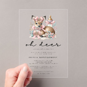 Invitations En Acrylique Oh Cerf Rubans Roses Forêt Baby Shower