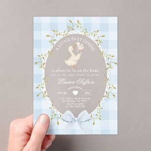 Invitations En Acrylique Oie Mère Bébé Silly Shower Gingham Bleu