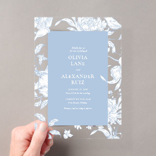 Invitations En Acrylique Oiseau Bleu de France Botanique Fleurs de Mariage
