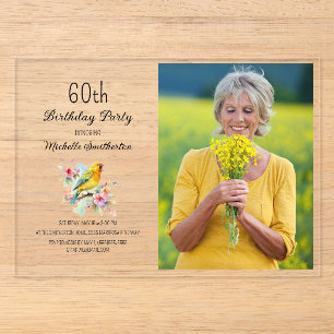 Invitations En Acrylique Oiseaux vintages Canaries Fleurs 60e anniversaire