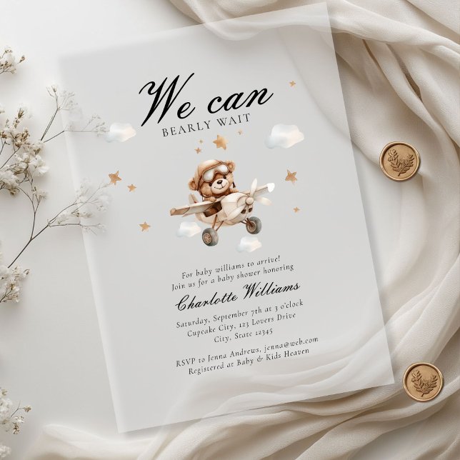 Invitations En Acrylique On Peut Attendre ! Ours et avion en peluche (We Can Bearly Wait! Teddy Bear & Airplane Baby Shower White Transparent Acrylic Invitations.)
