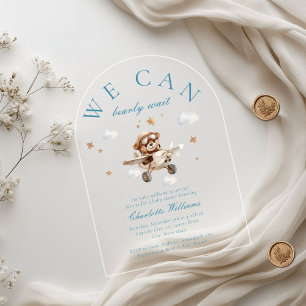 Invitations En Acrylique On Peut Attendre ! Ours et avion en peluche