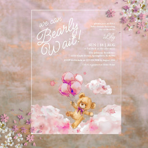 Invitations En Acrylique On Peut Attendre Teddy Baby shower Fille Rose