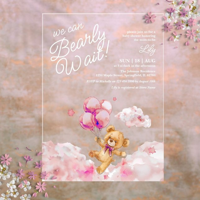 Invitations En Acrylique On Peut Attendre Teddy Baby shower Fille Rose (We Can Bearly Wait Teddy Pink Girl Baby Shower Acrylic Invitations)