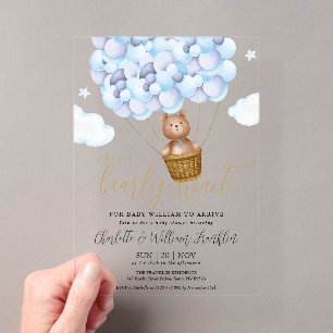 Invitations En Acrylique On Peut Attendre Teddy Bear Blue Boy Baby shower