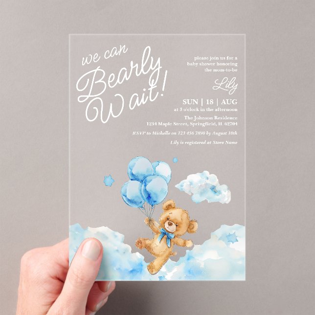Invitations En Acrylique On Peut Attendre Teddy Bear Blue Boy Baby shower (In situ (ordinateur de poche))