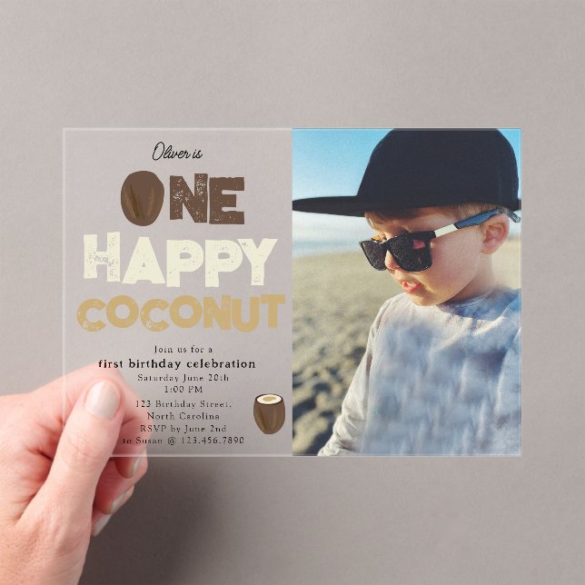 Invitations En Acrylique One Happy Coconut 1st Summer Birthday Photo (In situ (ordinateur de poche))