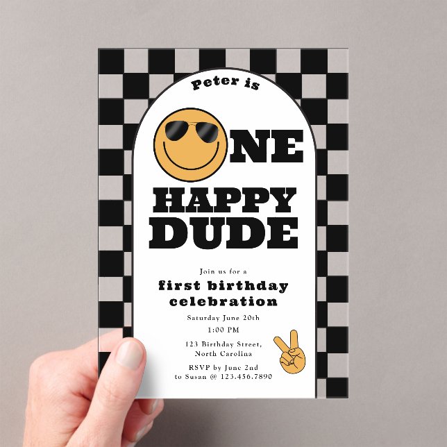 Invitations En Acrylique One Happy Dude Invite 1st First Birthday Cute Boy (In situ (ordinateur de poche))