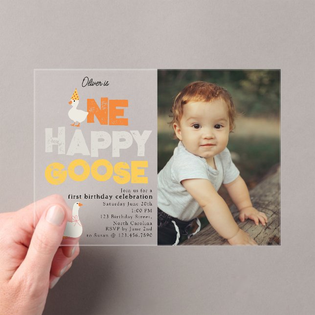 Invitations En Acrylique One Happy Goose Invite 1st  First Birthday Photo (In situ (ordinateur de poche))