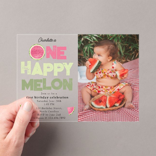 Invitations En Acrylique One Happy Melon 1st Summer Birthday Photo (In situ (ordinateur de poche))