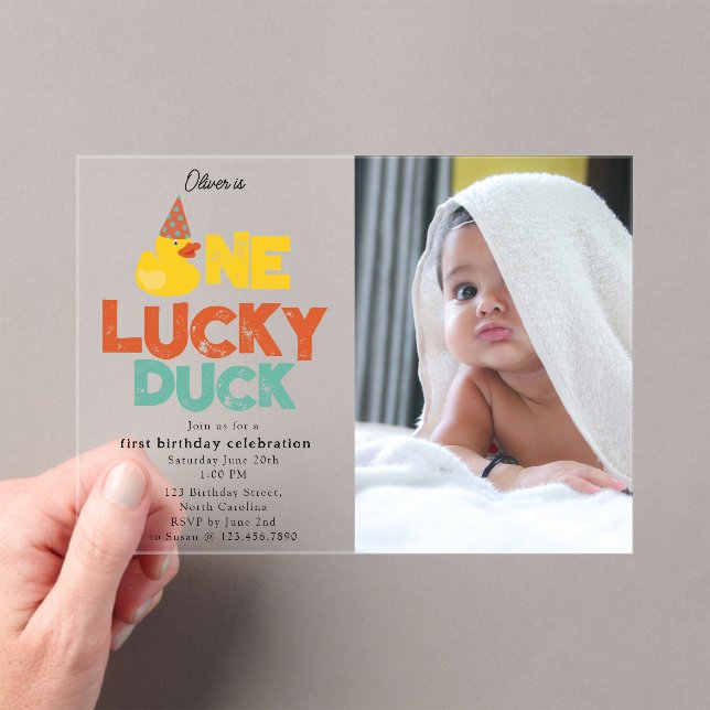 Invitations En Acrylique One Lucky Duck Invite 1st  First Birthday Photo (In situ (ordinateur de poche))