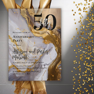 Invitations En Acrylique Or élégant 50 ans de fête Marbre Blanc