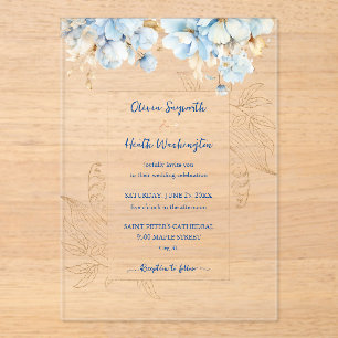Invitations En Acrylique Or floral bleu poussiéreux