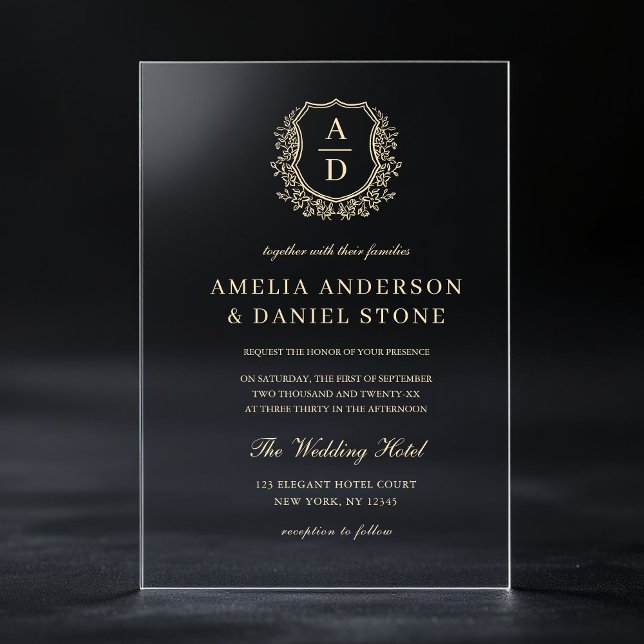 Invitations En Acrylique Or Floral Crest Monogramme Mariage Élégant (Créateur téléchargé)