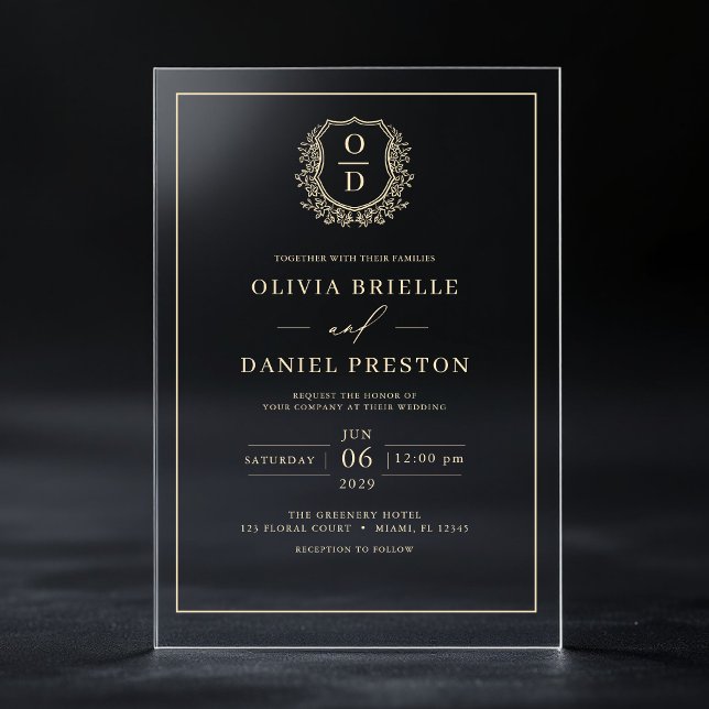 Invitations En Acrylique Or Floral Crest Monogramme Mariage Élégant (Créateur téléchargé)