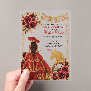 Invitations En Acrylique Or Rouge Cheval Occidental Floral Charra Quinceañe