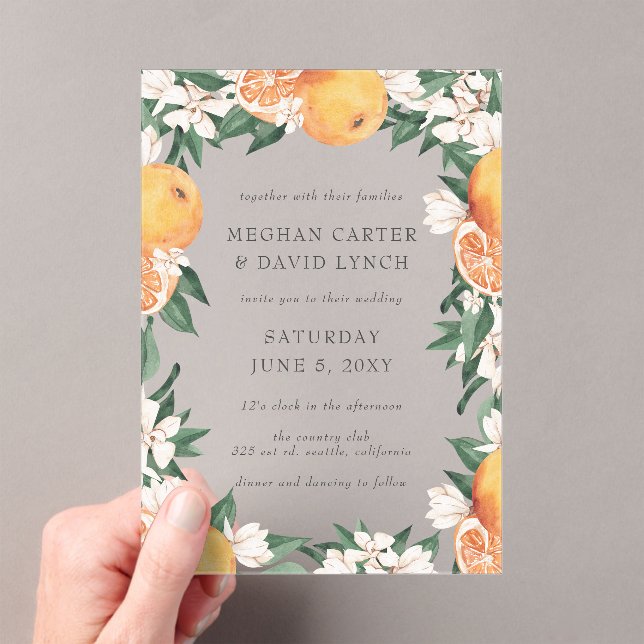 Invitations En Acrylique Orange Blossoms Citrus Botanical Wedding  (In situ (ordinateur de poche))