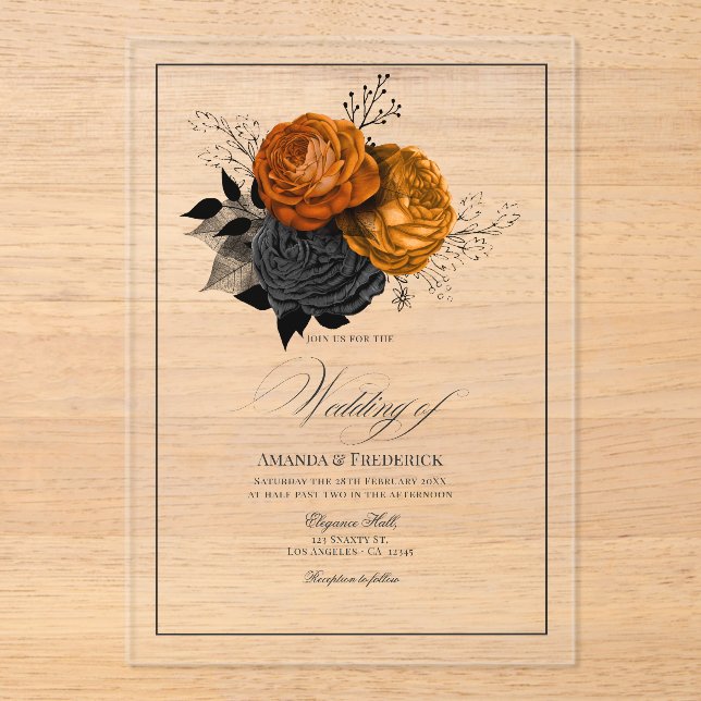 Invitations En Acrylique Orange gothique transparent et Mariage floral noir (Recto)