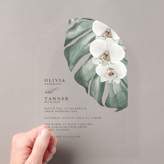 Invitations En Acrylique Orchidées blanches Arc moderne Mariage tropical (In situ (ordinateur de poche))